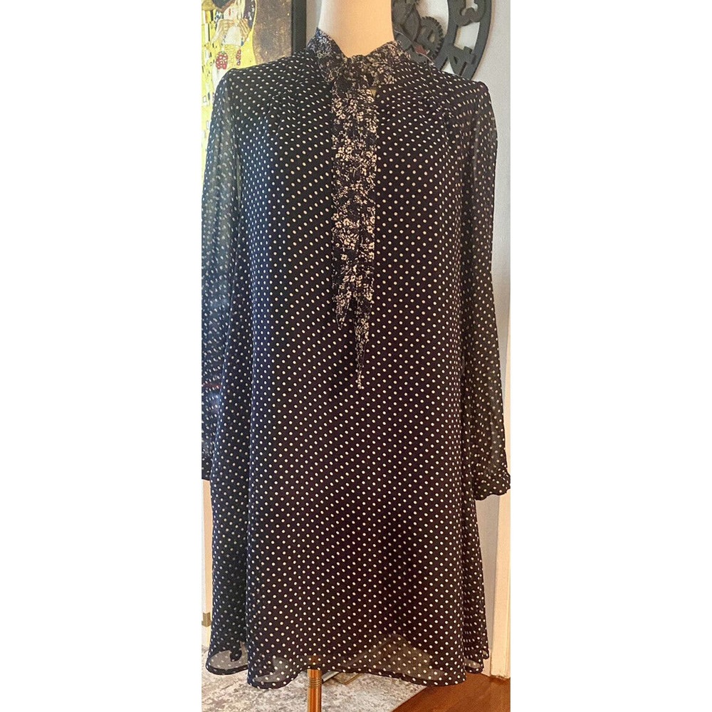 Anthropologie Isla Blue Polka Dot Sheer Tie Neck Shift Dress Pockets No Flaws SM